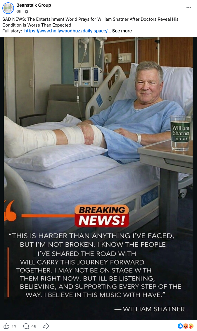 William Shatner slams &lsquo;horrible fake news stories&rsquo; claiming he&rsquo;s dying of cancer