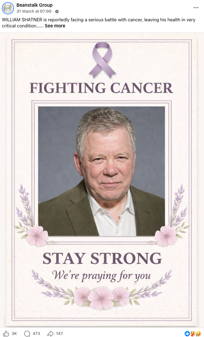 William Shatner slams &lsquo;horrible fake news stories&rsquo; claiming he&rsquo;s dying of cancer