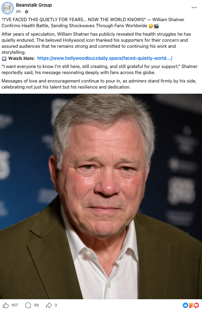 William Shatner slams &lsquo;horrible fake news stories&rsquo; claiming he&rsquo;s dying of cancer