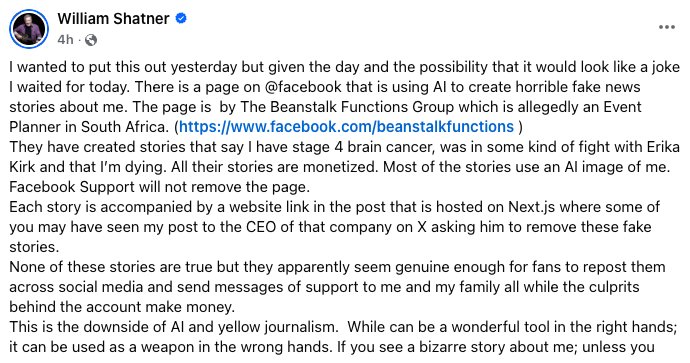 William Shatner slams &lsquo;horrible fake news stories&rsquo; claiming he&rsquo;s dying of cancer