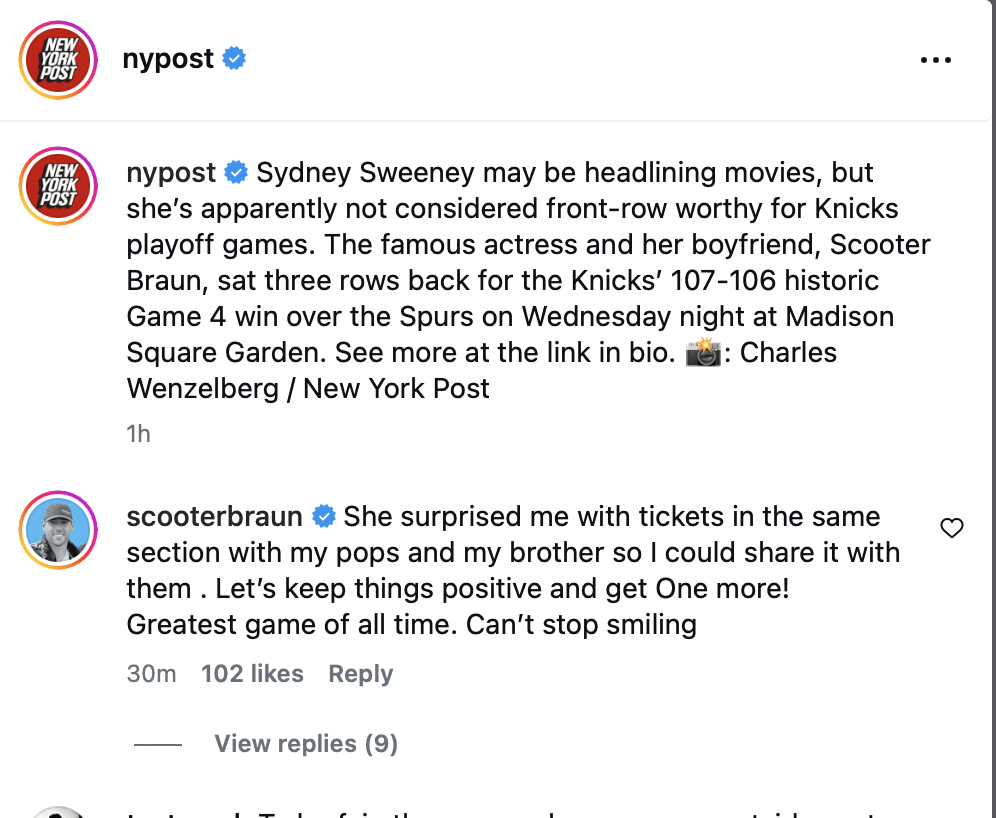 The real reason Scooter Braun ditched Knicks celebrity row seats &mdash; and Sydney Sweeney&rsquo;s role in it